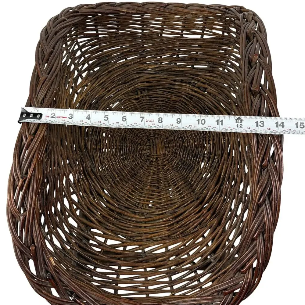 Large Rustic Wicker Harvest Basket Wood Base Fire Log Holder Blanket Storage